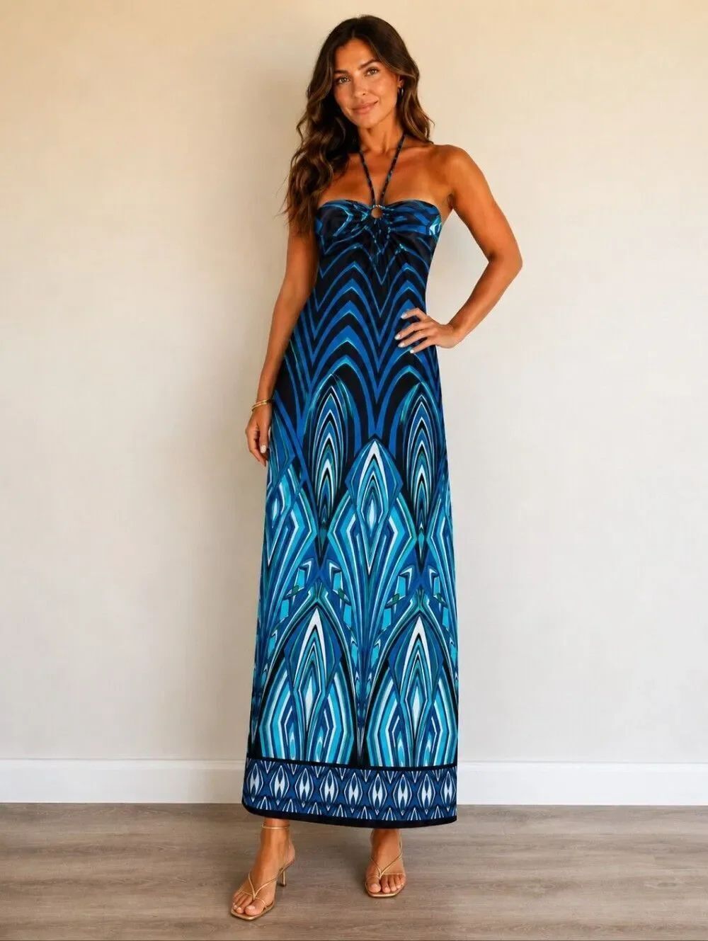 Blue And Brown Geometric Halter Maxi Dress Size L